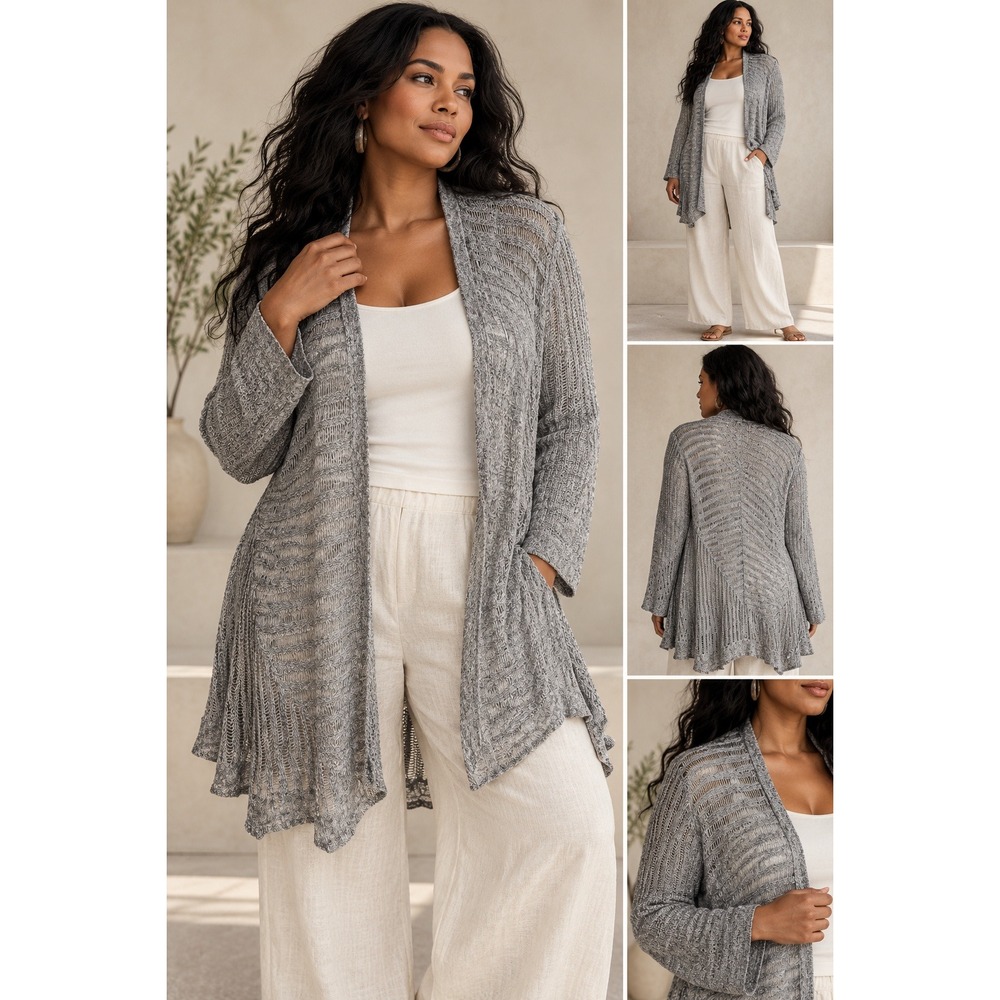 Eileen Fisher Medium 100% Linen Gray Open Knit Long Cardigan Duster Lightweight